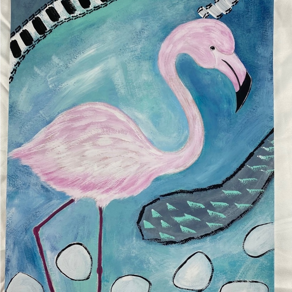 Flamingo Painting, Tropical Bird Art, Coastal Decor, Beach Art 11” x 15”